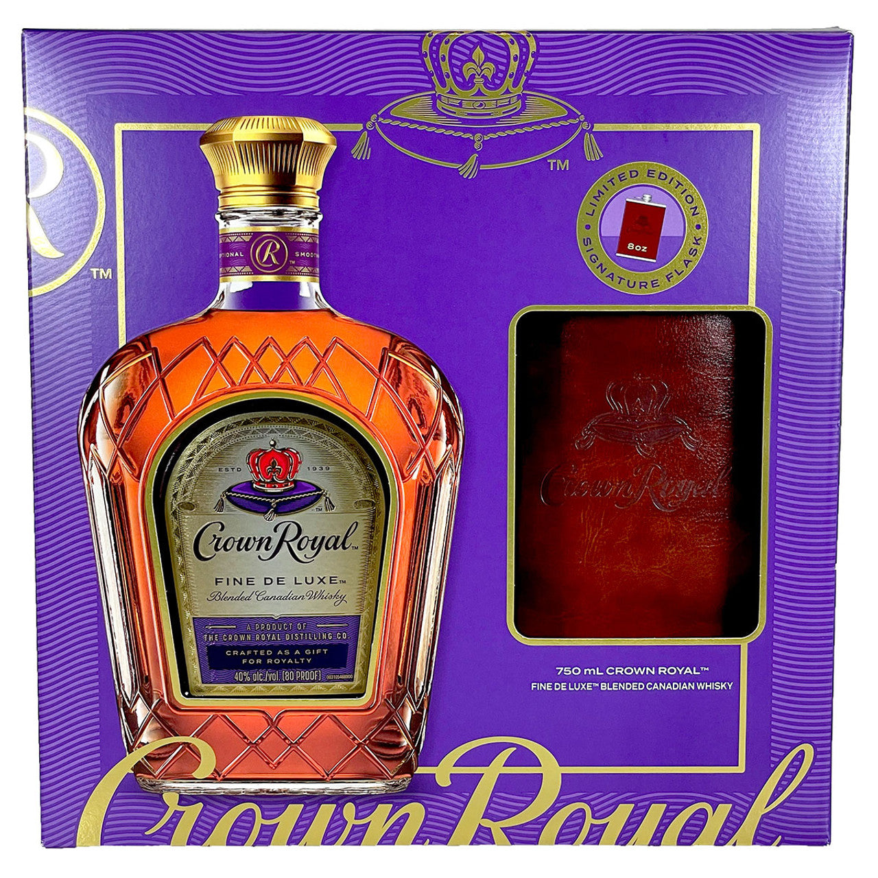 Crown Royal Fine De Luxe Blended Canadian Whisky Gift Pack with Flask